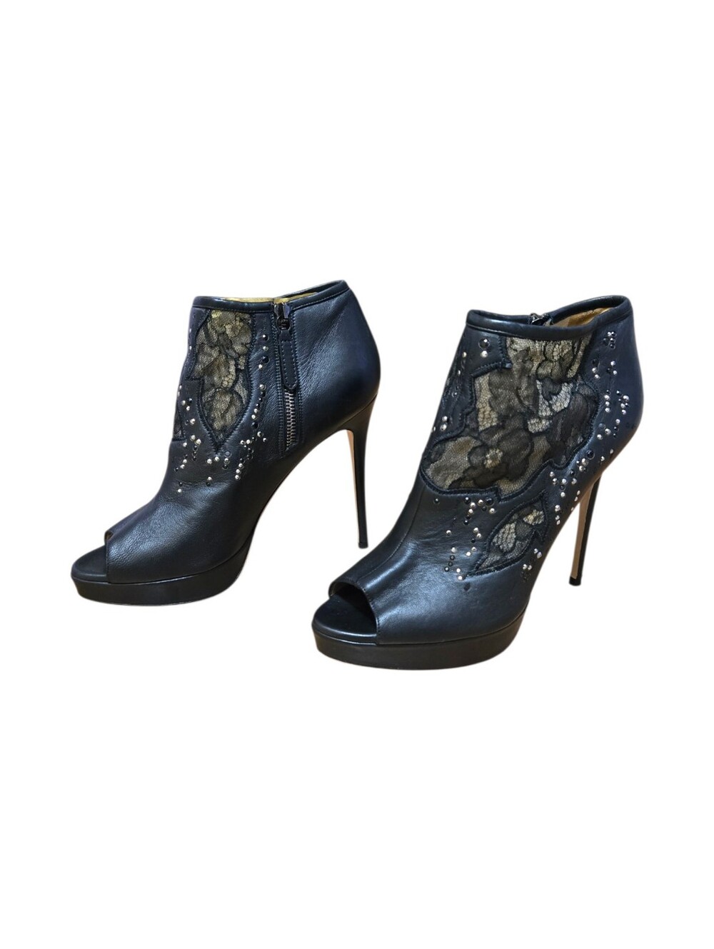 Valentino Garavani Black Leather Crystal Lace Peep Toe Heeled Booties IT 39 US 9